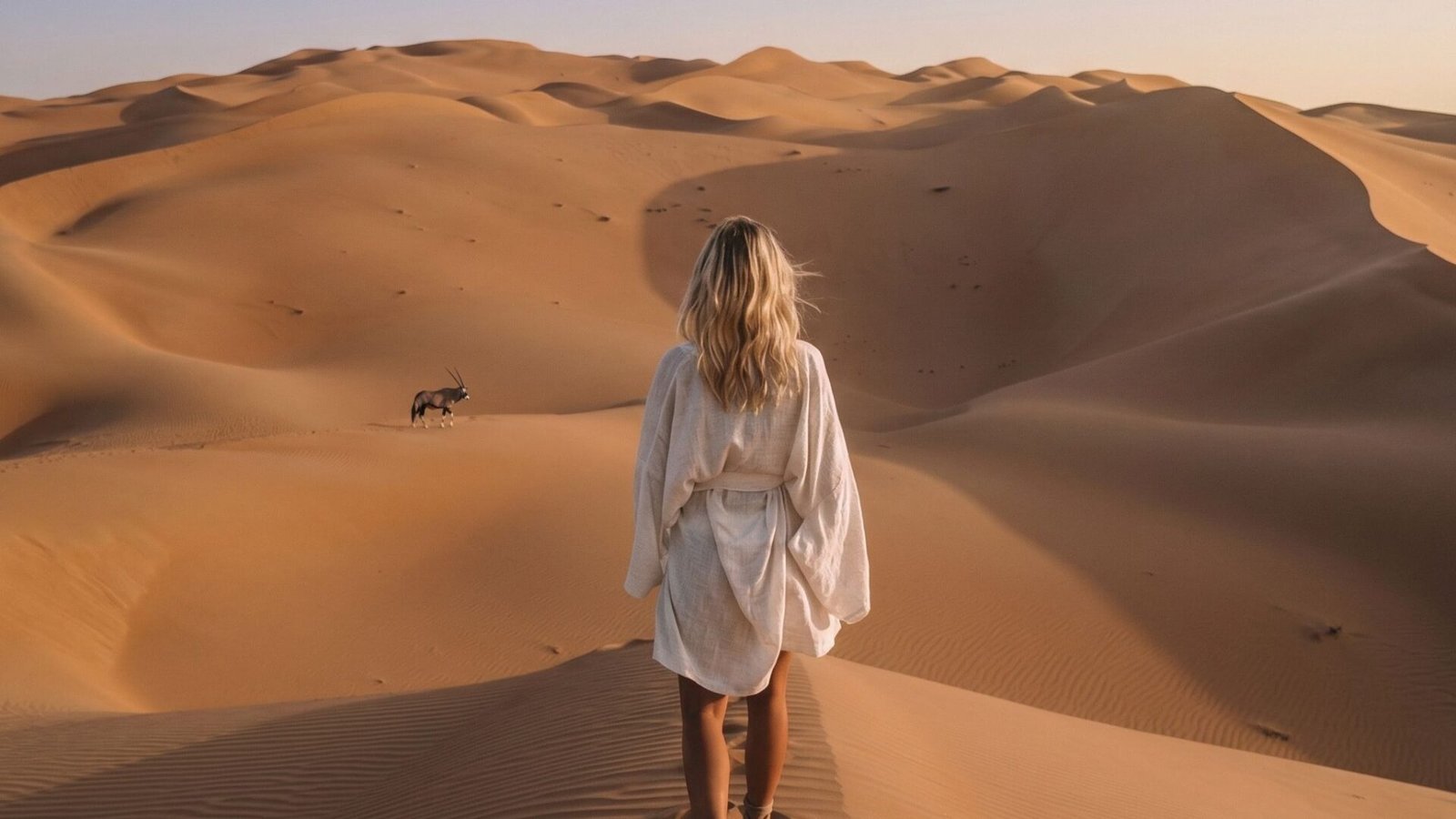 Woman in a white shirt walking a dune ridge in the Namib at sunrise, a lone oryx on the sand behind her