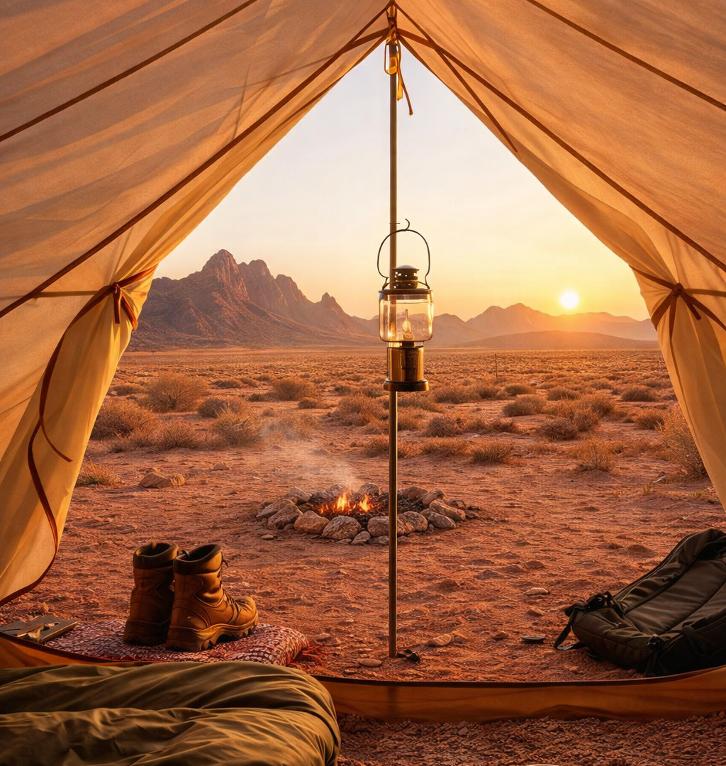 View from inside a canvas tent at sunrise, a lantern hanging in the doorway over a fire pit, boots and an enamel mug on the ground