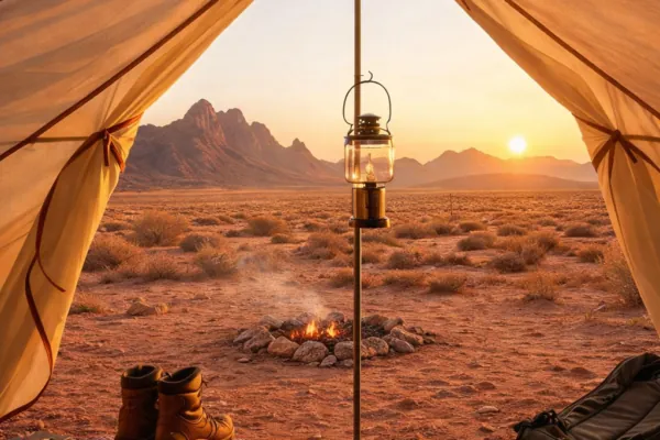View from inside a canvas tent at sunrise, a lantern hanging in the doorway over a fire pit, boots and an enamel mug on the ground