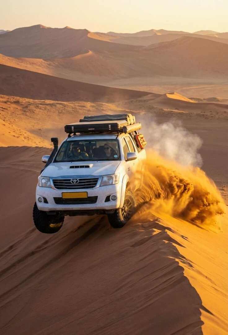 White Toyota Hilux with a roof rack driving along a dune crest in the Namib, spraying golden sand