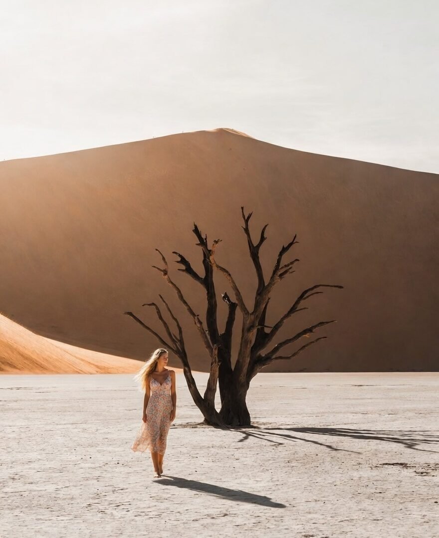 Woman in a pale dress walking towards a dead camelthorn tree on the white clay pan at Deadvlei, a red dune rising behind