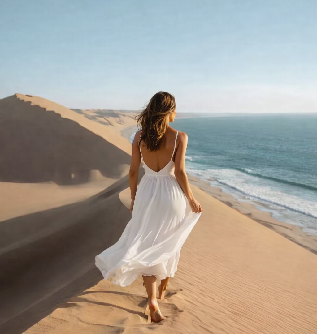 Woman in a long white dress walking along a dune ridge where the Namib sand drops straight into the Atlantic