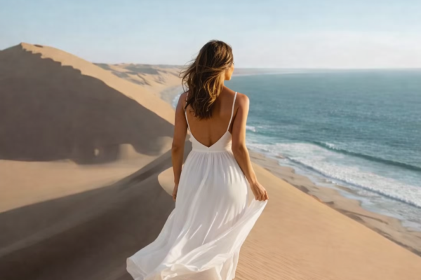 Woman in a long white dress walking along a dune ridge where the Namib sand drops straight into the Atlantic