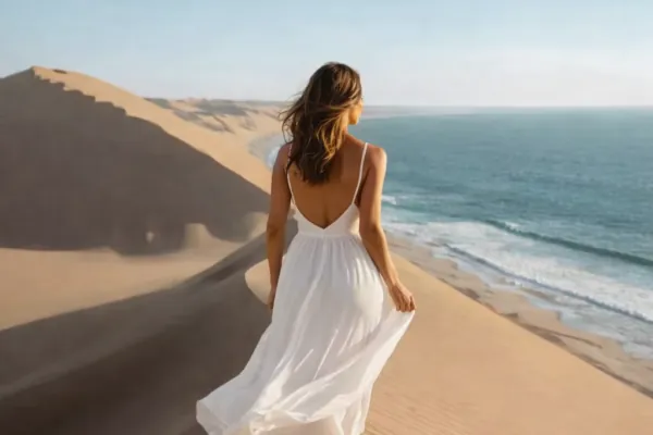 Woman in a long white dress walking along a dune ridge where the Namib sand drops straight into the Atlantic