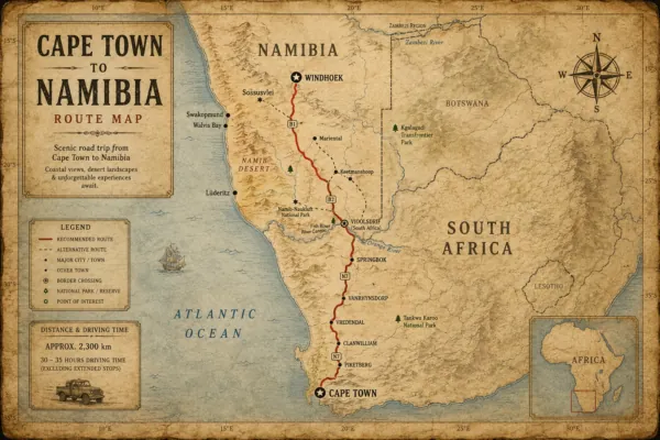 Vintage-style route map of the Cape Town to Namibia road trip, marking Springbok, Vioolsdrif and the border on the way to Windhoek, about 2,300 km