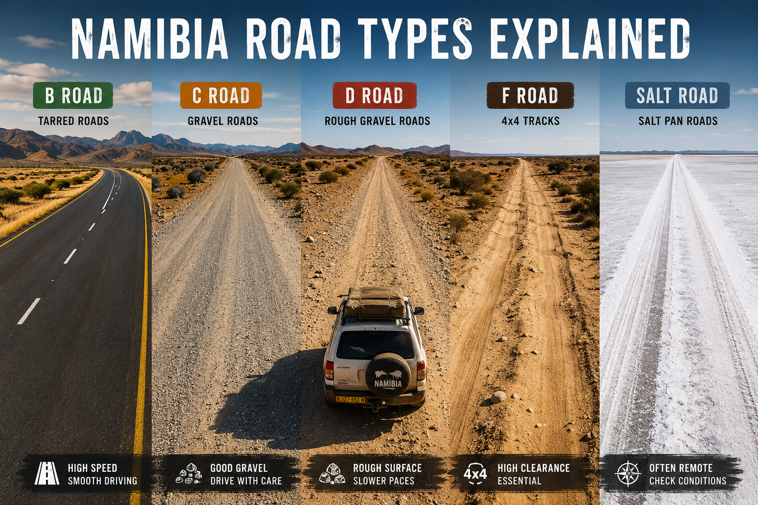 Five-panel comparison of Namibian road types, B tarred, C gravel, D rough gravel, F 4x4 track and salt pan roads, with driving advice for each