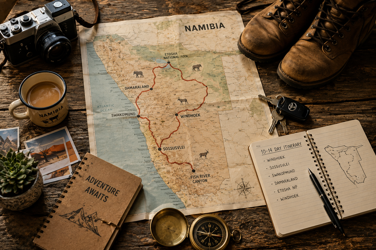 Namibia map marked with a red 10 to 14 day route through Windhoek, Sossusvlei, Swakopmund, Damaraland and Etosha, with hiking boots, a compass and a notebook