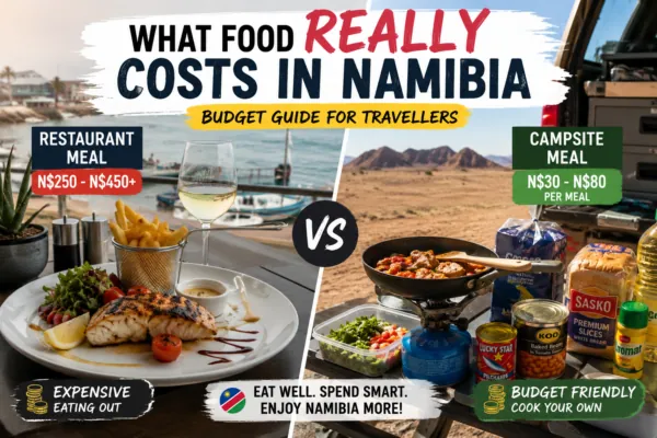 Split comparison of Namibian food costs, a restaurant meal at N$250 to N$450 against a campsite meal cooked on a gas burner at N$30 to N$80