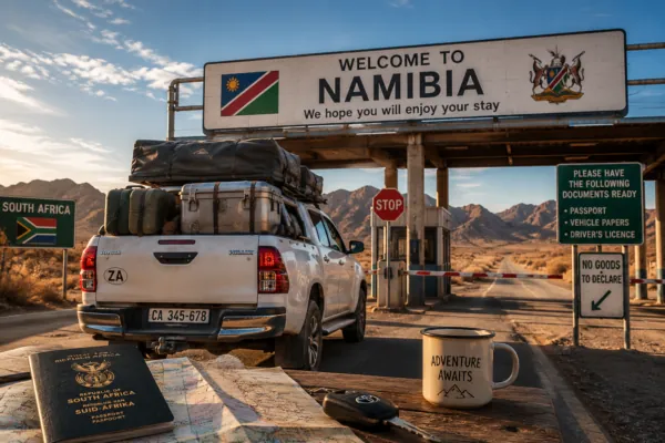White Hilux loaded with jerry cans and gear at the Welcome to Namibia border post, with a South African passport and keys on the bonnet
