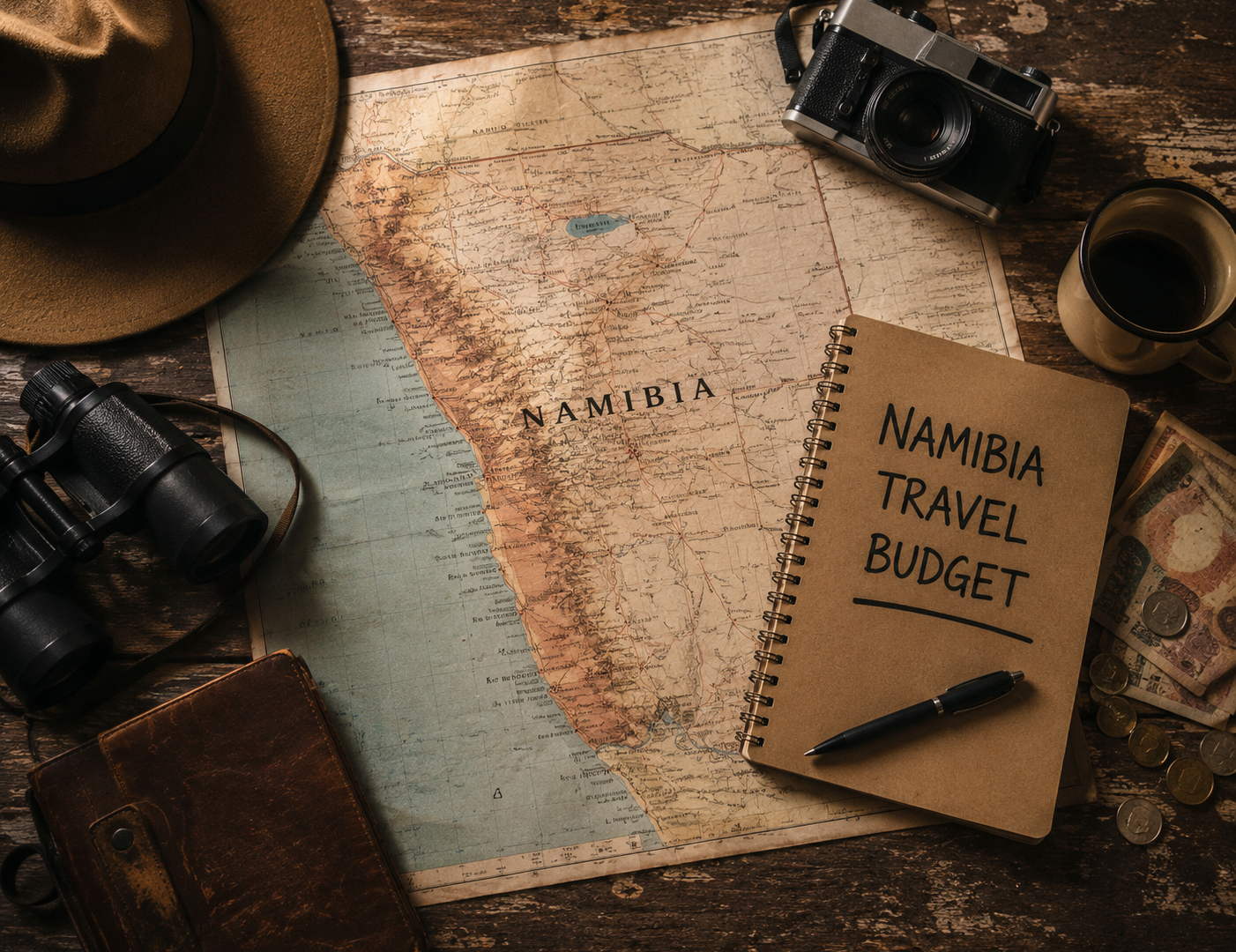 Flat-lay of a Namibia map with a hat, binoculars, a camera, Namibian banknotes and a notebook headed Namibia Travel Budget
