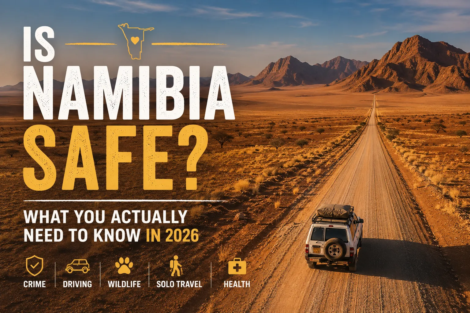 Cover graphic asking whether Namibia is safe, over an aerial view of a 4x4 on an empty gravel road, with icons for crime, driving, wildlife, solo travel and health