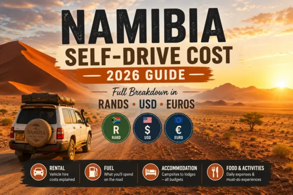 Cover graphic for the Namibia self-drive cost guide, showing a loaded 4x4 in the desert with rand, dollar and euro symbols and four cost categories