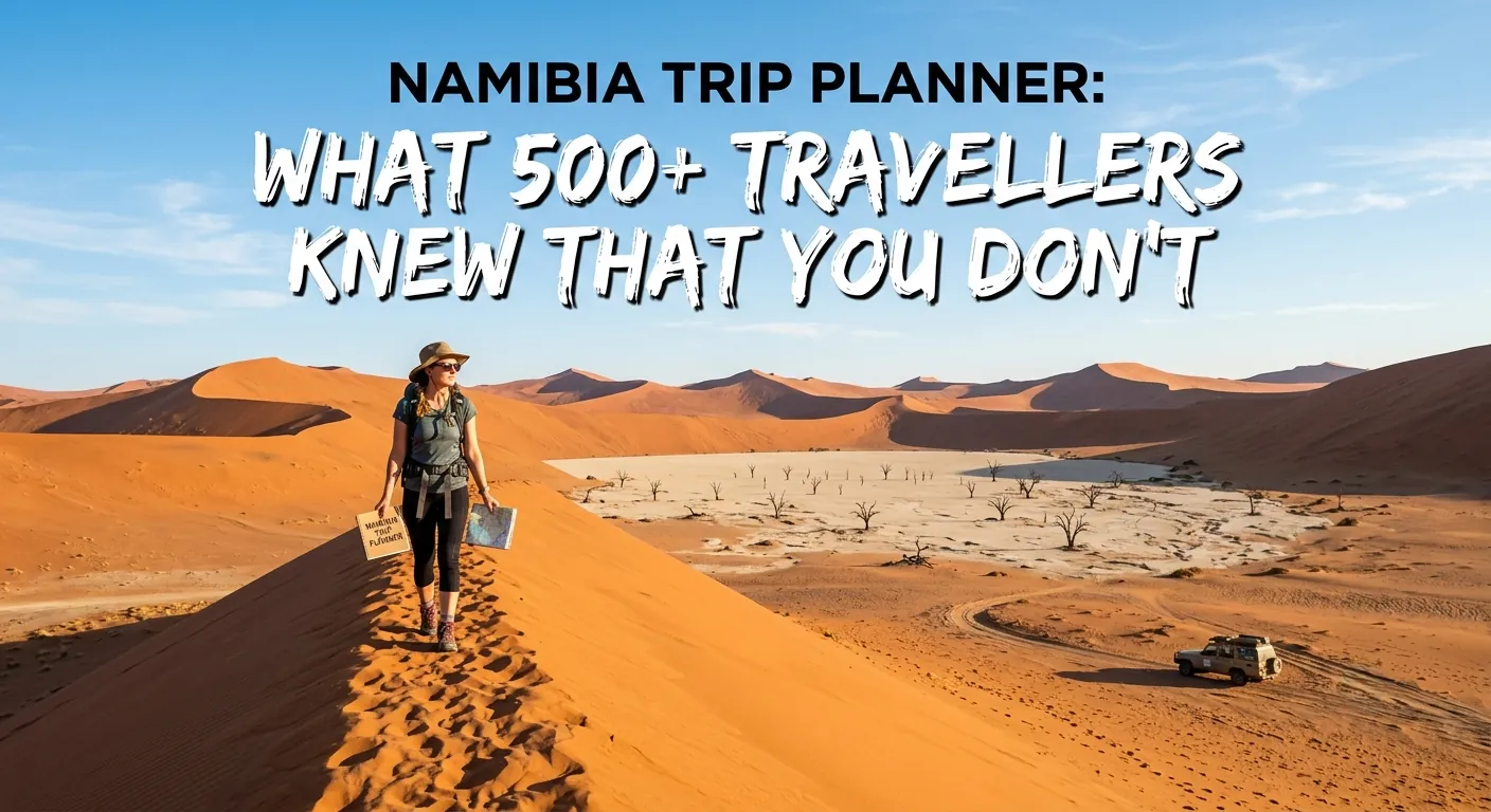 Woman walking a dune ridge above Deadvlei carrying a case, with a 4x4 parked on the pan far below