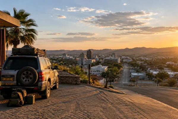 A 4x4 with a rooftop tent parked above Windhoek at sunset, packed and ready for a Namibia self-drive trip