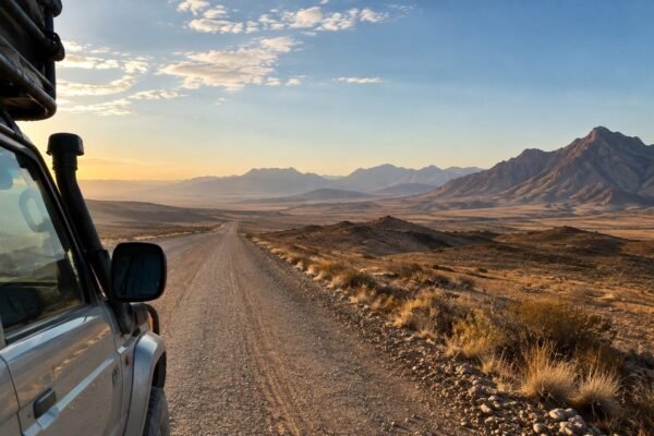 View past the wing mirror of a loaded 4x4 on an empty Namibian gravel road at sunrise, running towards distant mountains across open desert