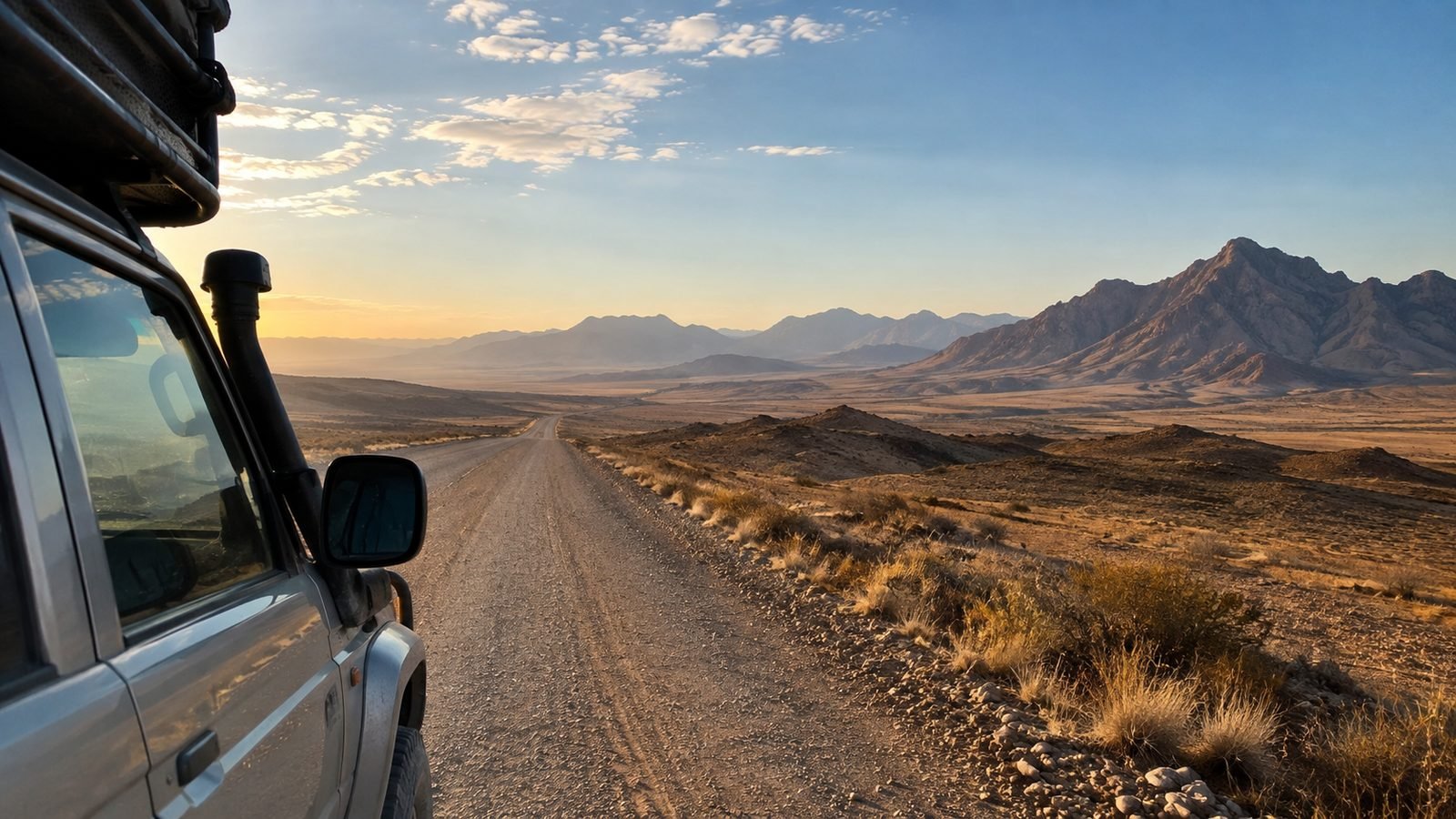 View past the wing mirror of a loaded 4x4 on an empty Namibian gravel road at sunrise, running towards distant mountains across open desert