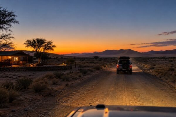 A 4x4 with a rooftop tent leaving a lit tented camp on a gravel road before sunrise near Sesriem, with the Namib dunes turning orange on the horizon