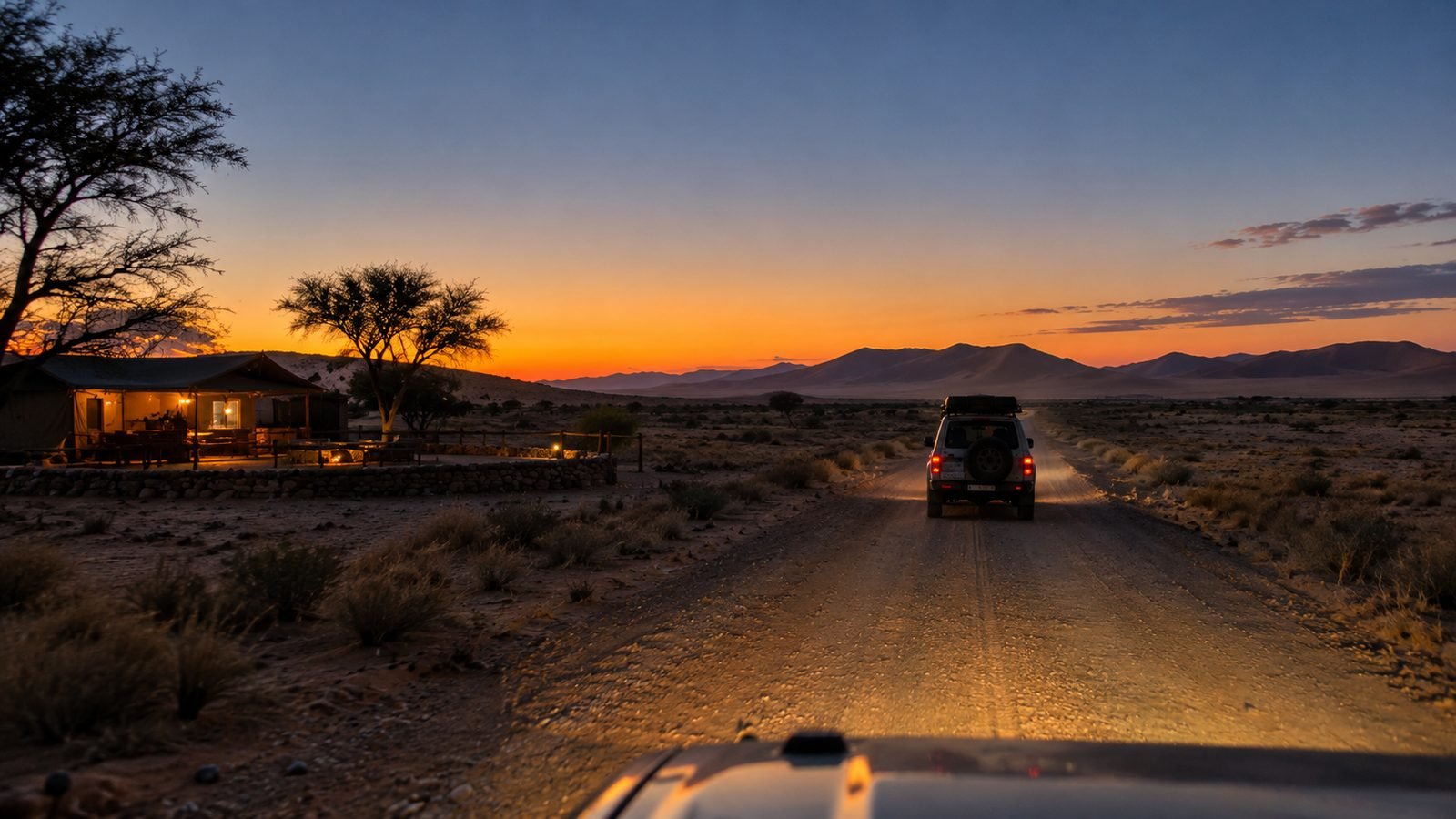 A 4x4 with a rooftop tent leaving a lit tented camp on a gravel road before sunrise near Sesriem, with the Namib dunes turning orange on the horizon