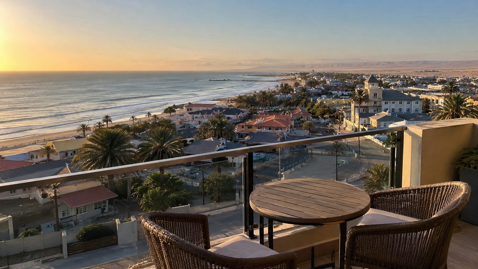 Swakopmund beachfront at sunset seen from a balcony, with palm-lined streets, the jetty and the Namib dunes meeting the Atlantic behind the town