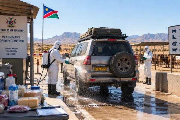 A 4x4 being disinfected at a veterinary checkpoint in Namibia during the 2026 foot and mouth disease outbreak