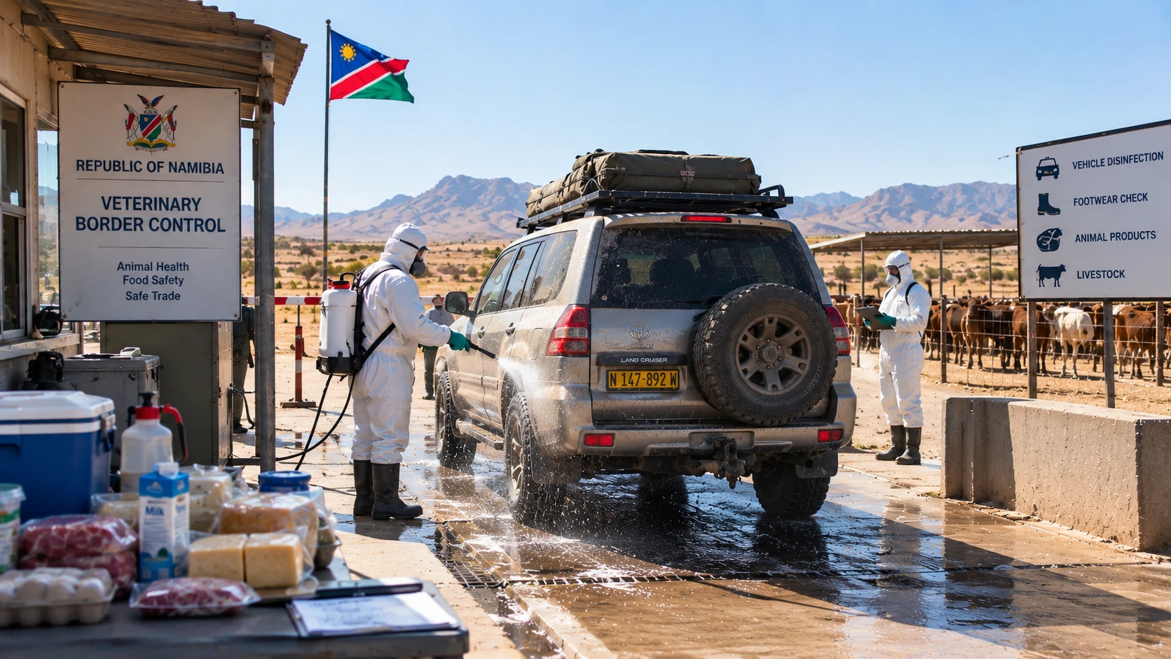 A 4x4 being disinfected at a veterinary checkpoint in Namibia during the 2026 foot and mouth disease outbreak